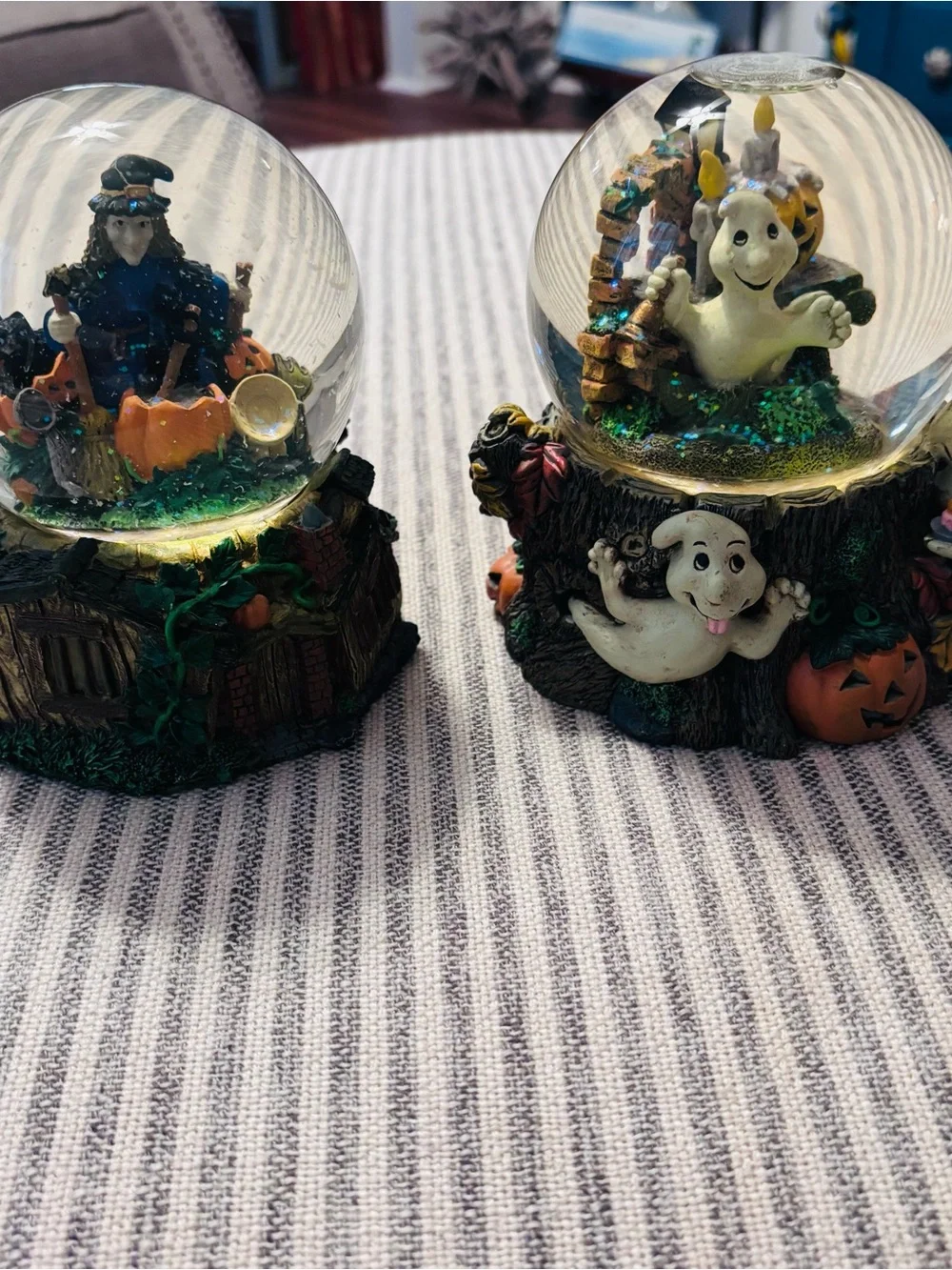 Halloween Ghost & Witch Snow Globe Pair - Festive Orange, White, Black